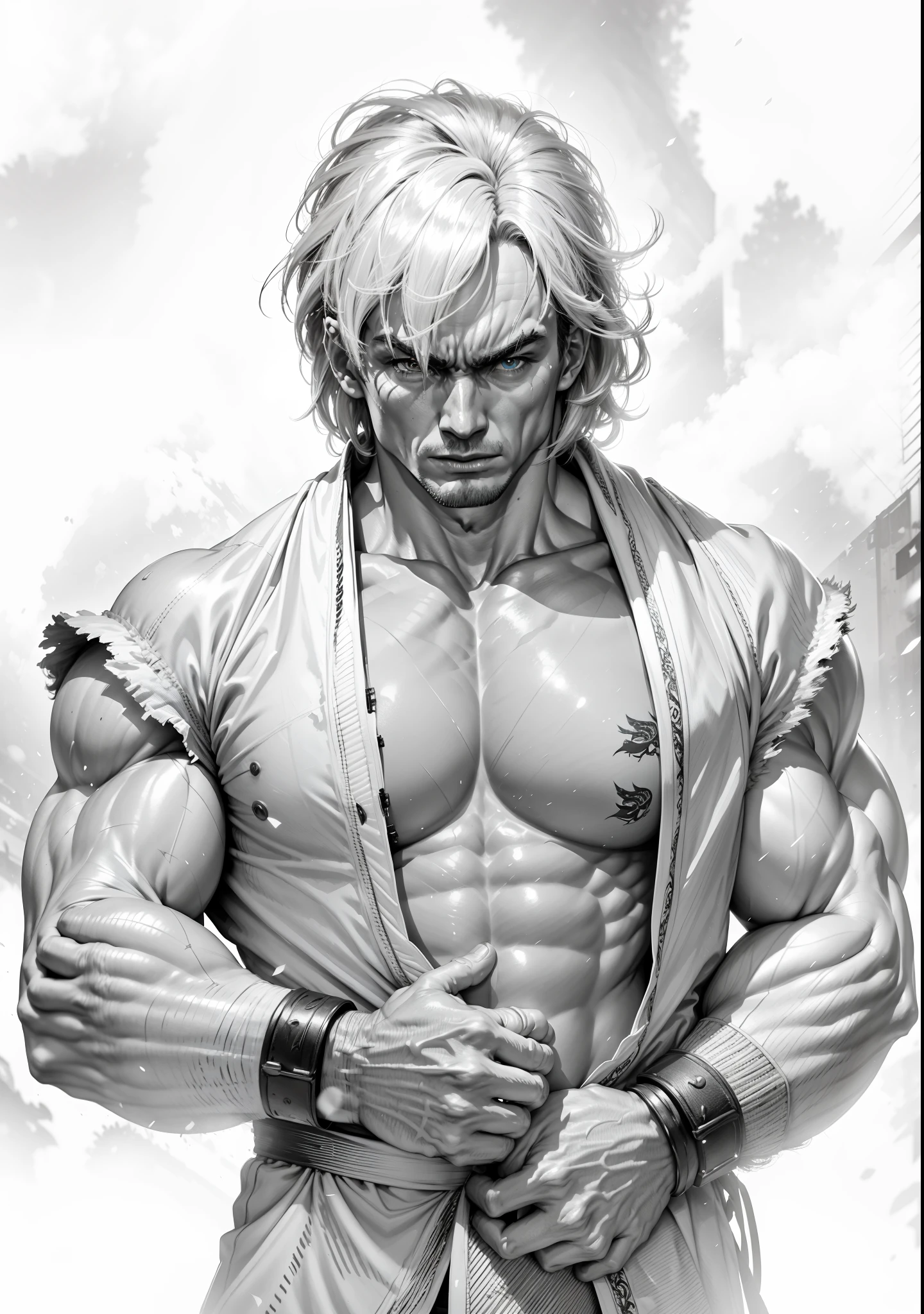 retrato de primer plano, Ken masters(luchador callejero), Hombre adulto con cabello dorado, kimono rojo de karate, Músculos redondeados y definidos, venas en los brazos, cara expresiva, Motor irreal 5, 8k.