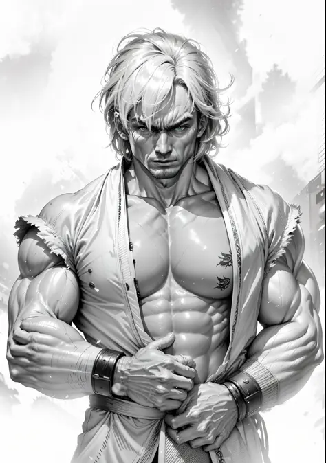Close-up portrait, Ken masters(street fighter), Adult man with golden hair, red karate kimono, rounded and defined muscles, vein...