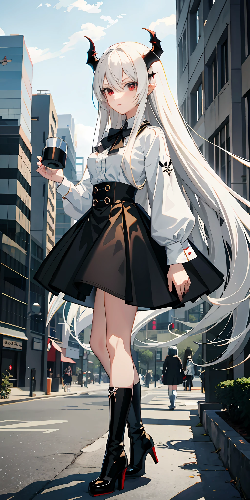 Anime girl with long white hair and black skirt holding a cell phone -  SeaArt AI