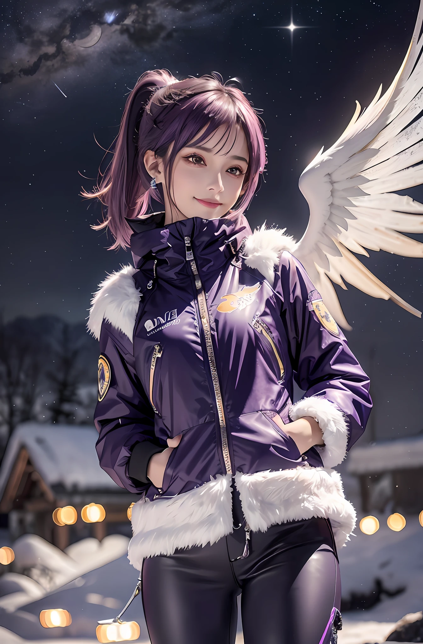 Ponytail. Short hair. Smile, purple hair. Earring. Divine wings on the back. Snow. Ski wear. Winter clothes. Meteor shower. Long pants. Muffler. Smile. Crescent moon. Shooting star. Starry sky. Earphone. Navel out. Wings grown on the back. Purple wings.