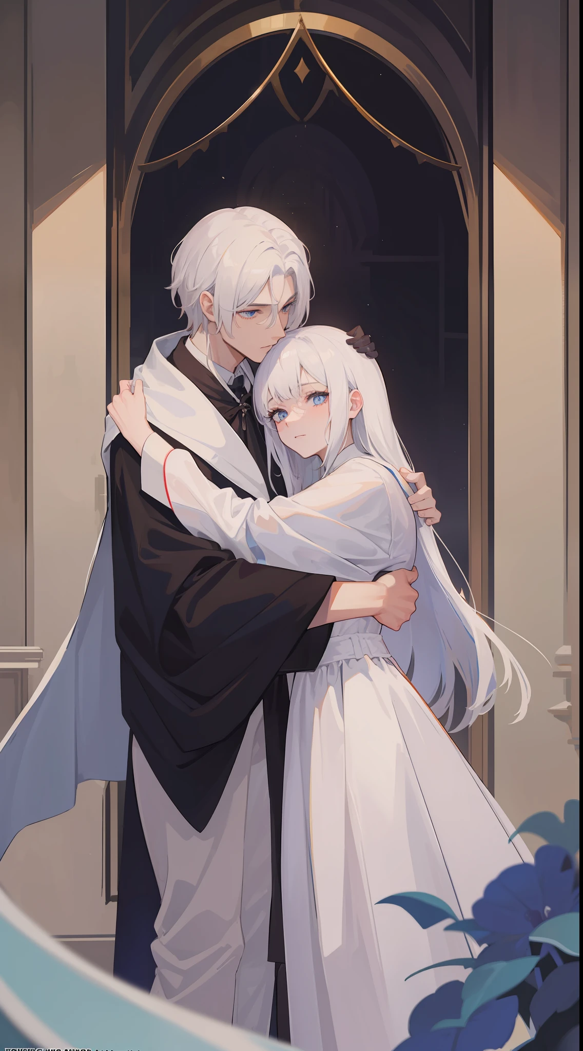 1man, sharp blue eyes with sharp pupils, white sharp hair and he was wearing black noble robes and, intimate hug with his lovely wife ((41 year old face))