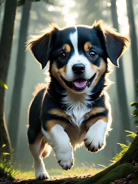 Close-up of a very cute jumping puppy in the forest, soft volumetric light, (backlight: 1.3), (movie: 1.2), intricate details, (...