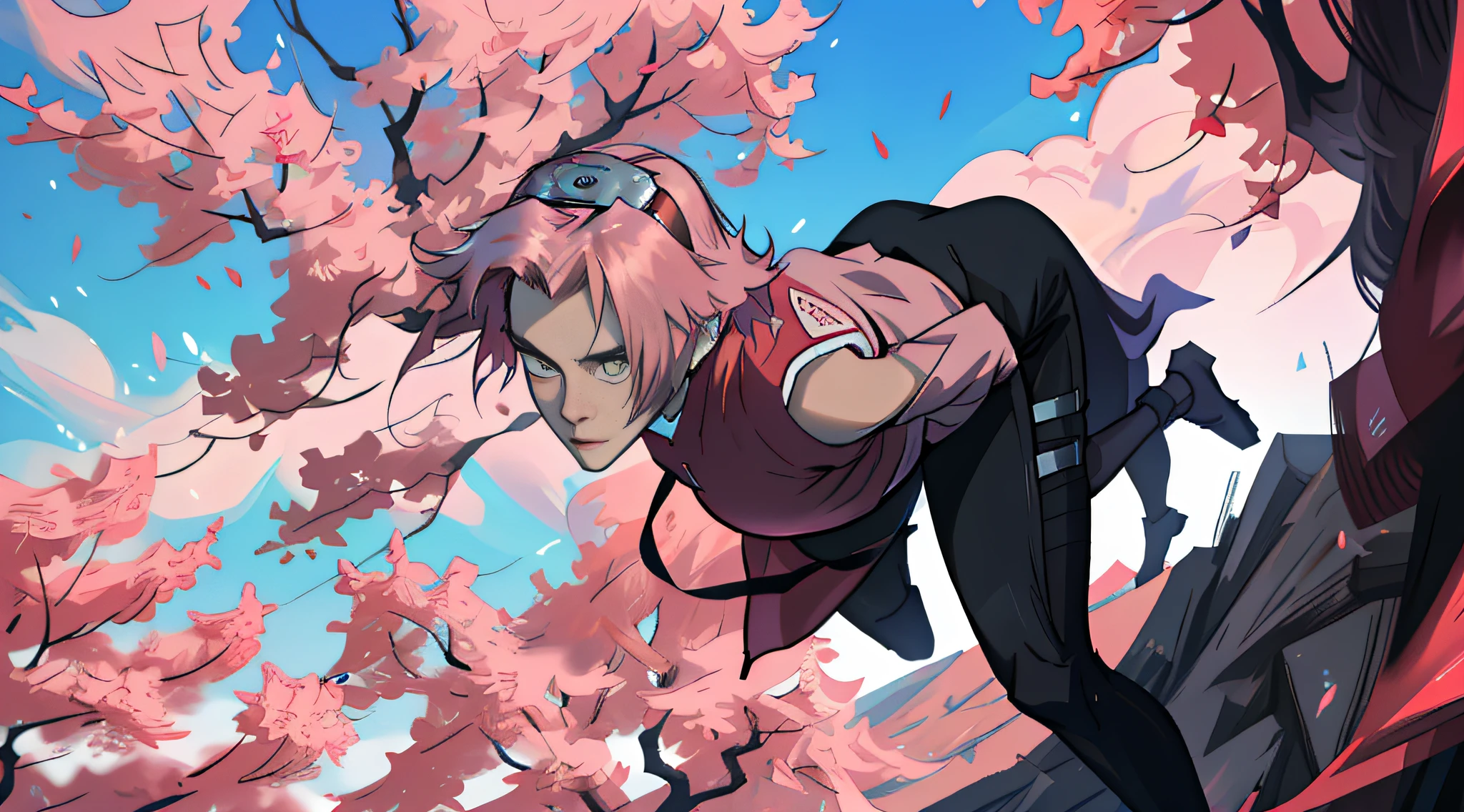 Sakura haruno, seductive, ((forehead the show)), attractive, sexy eyes, red coat with akatsuki clouds, pink hair, delicate, young, short hair, detailed face, high definition, full body, from League of Legends, trend in artstation, by rhads, andreas rocha, rossdraws, makoto shinkai, laurie greasley, lois van baarle, ilya kuvshinov and greg rutkowski