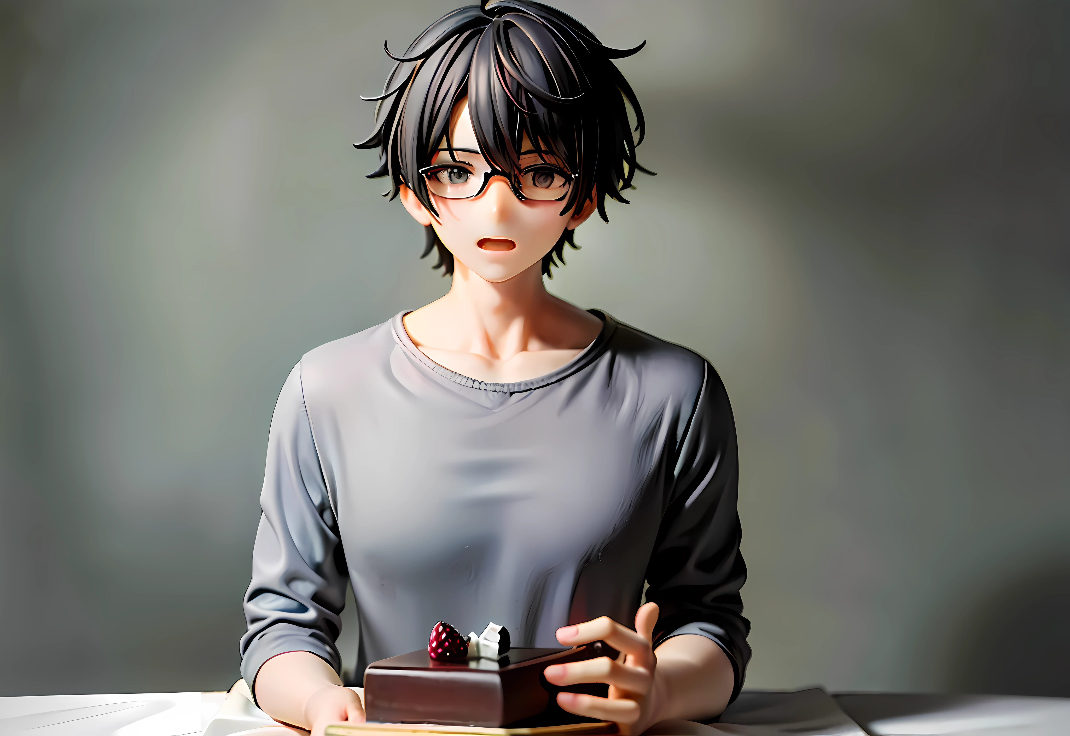 (cute guy:1.2),black messy hair,glasses,(1 guy:1.2),birthday,cake,(embarrassment:1.2),face,scared,eyes, big surprise! masterpiece wallpaper 8K, full rendering, lineart, the guy is standing alone in a black puffer, pleasantly surprised