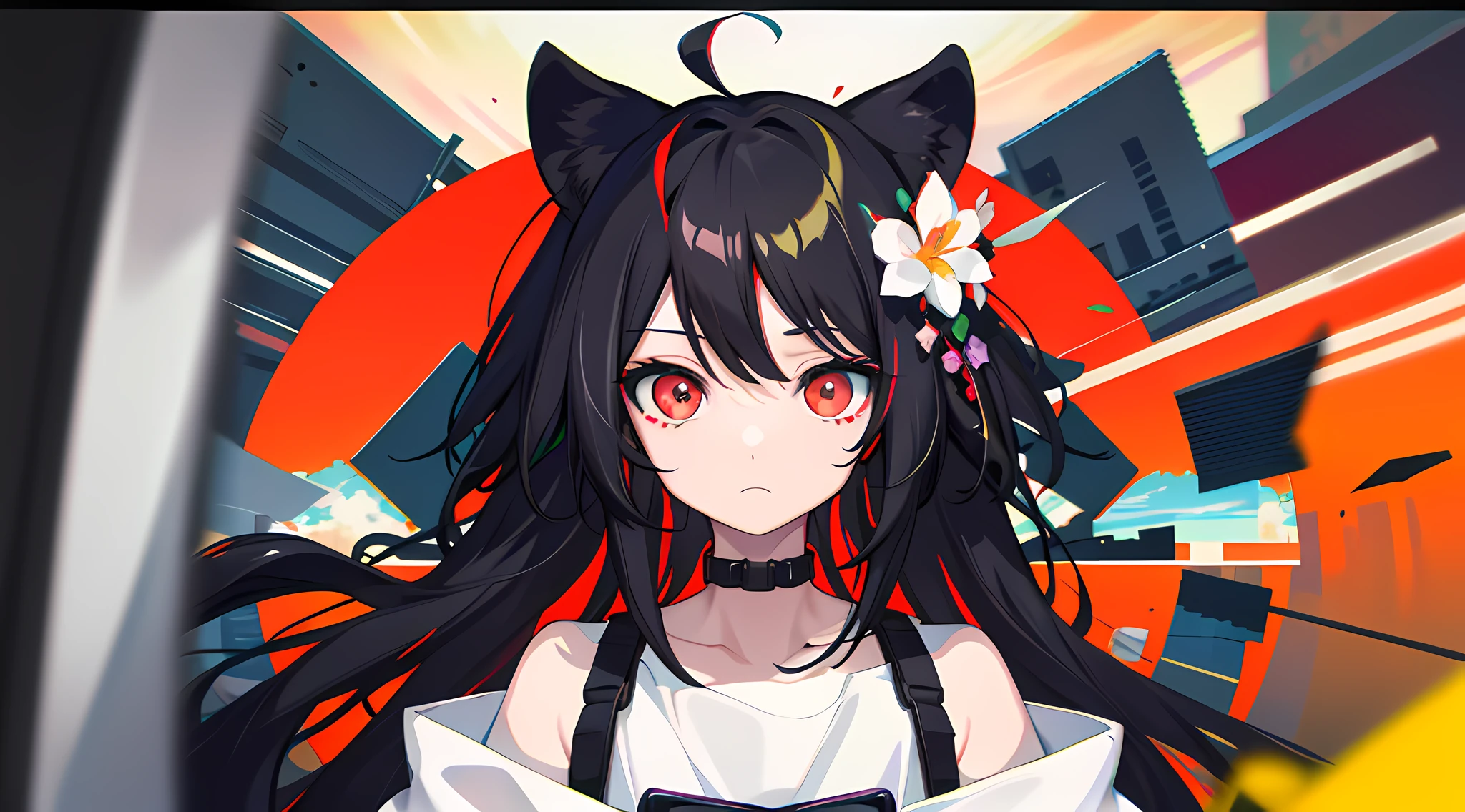 Anime girl with long black hair and cat ears in a city - SeaArt AI