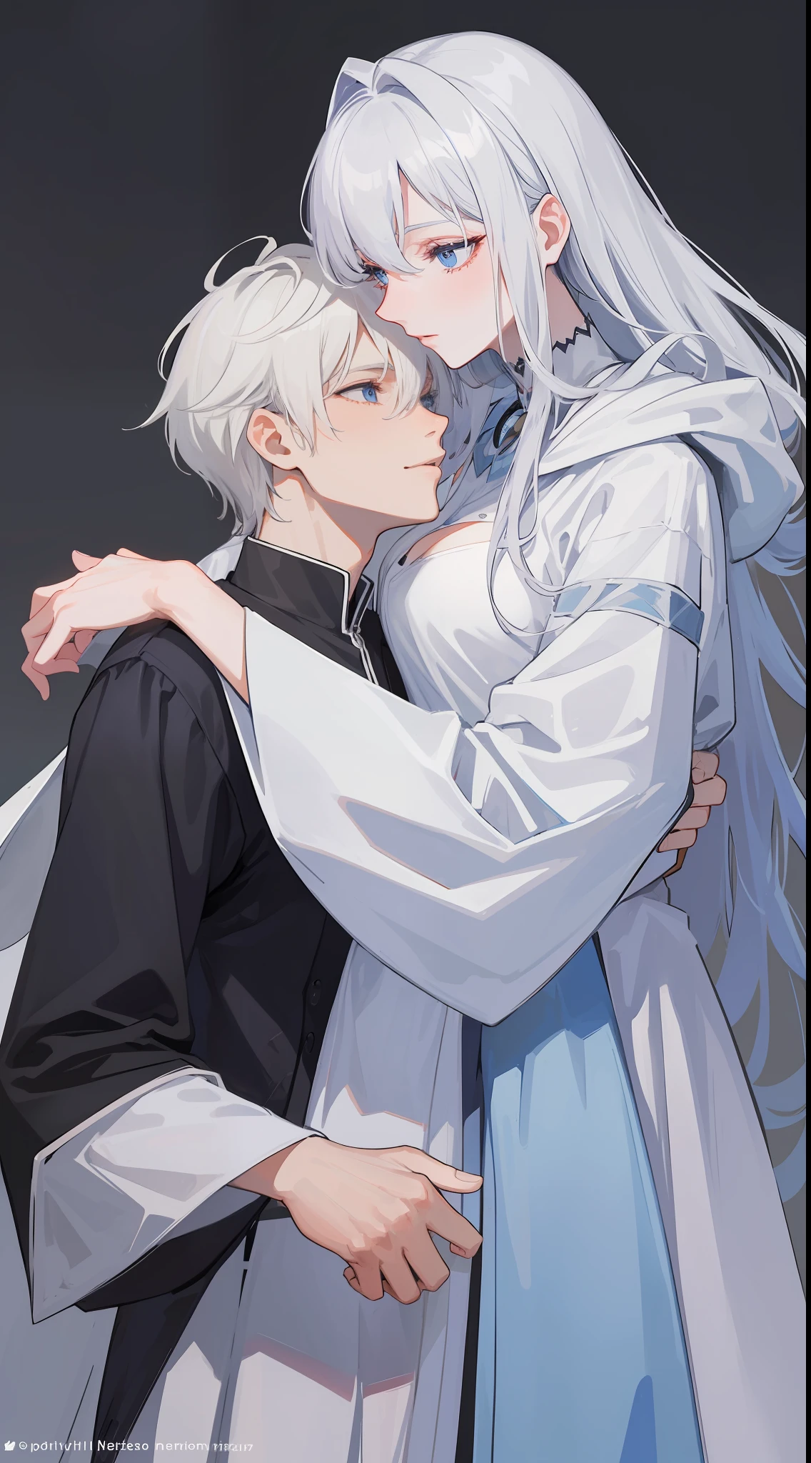 1man, sharp blue eyes with sharp pupils, white sharp hair and he was wearing black noble robes and, intimate hug and kiss with his lovely wife ((41 year old face))