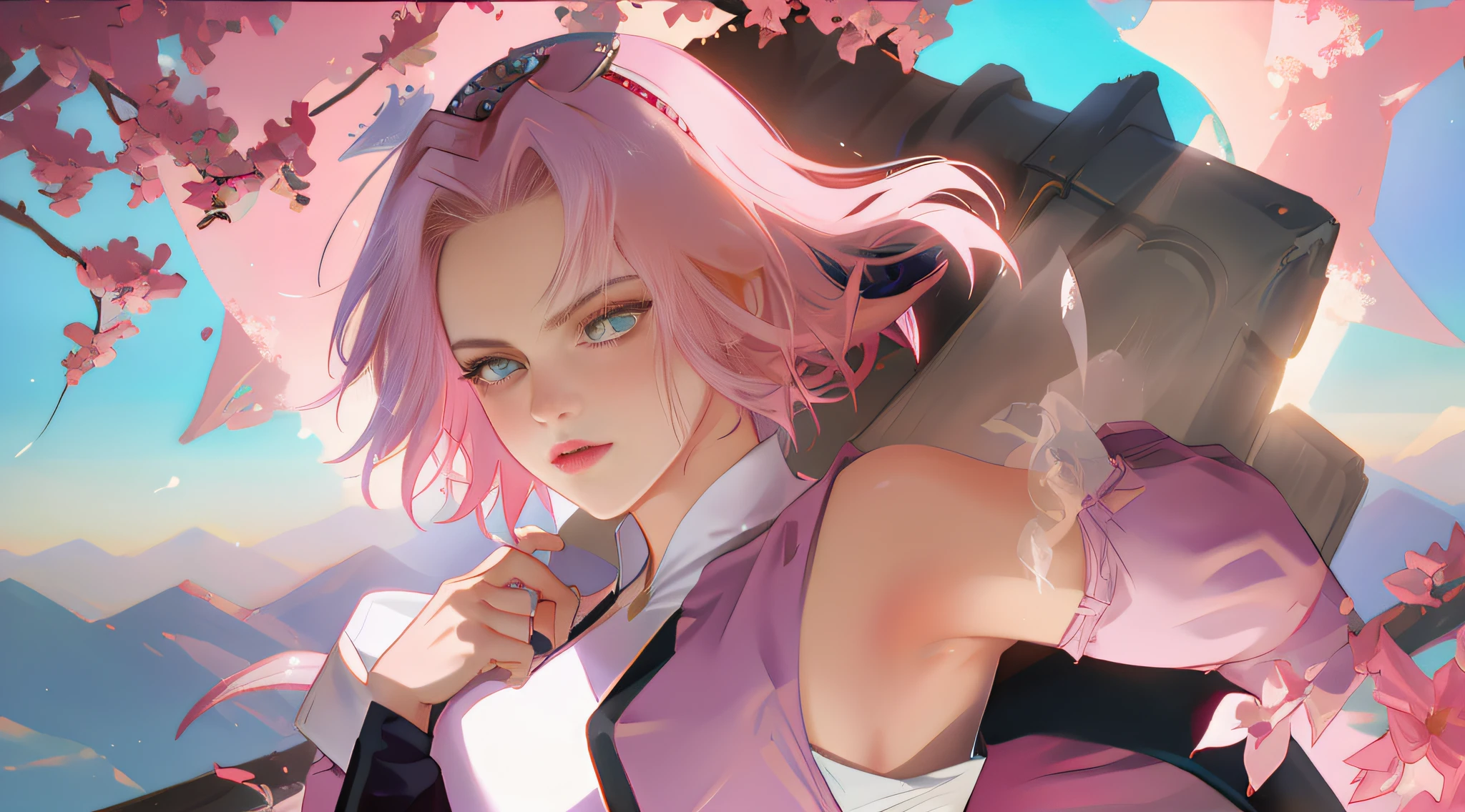 Queen of angels, beautiful woman, seductive, dark, standing, sensual eyes, lilac dress, forehead showing, symbol on forehead, queen, pink hair, delicate, young, short hair, full body, from League of Legends, trend in artstation, by rhads, andreas Rocha, rossdraws, makoto shinkai, laurie greasley, lois van baarle, ilya kuvshinov and greg rutkowski