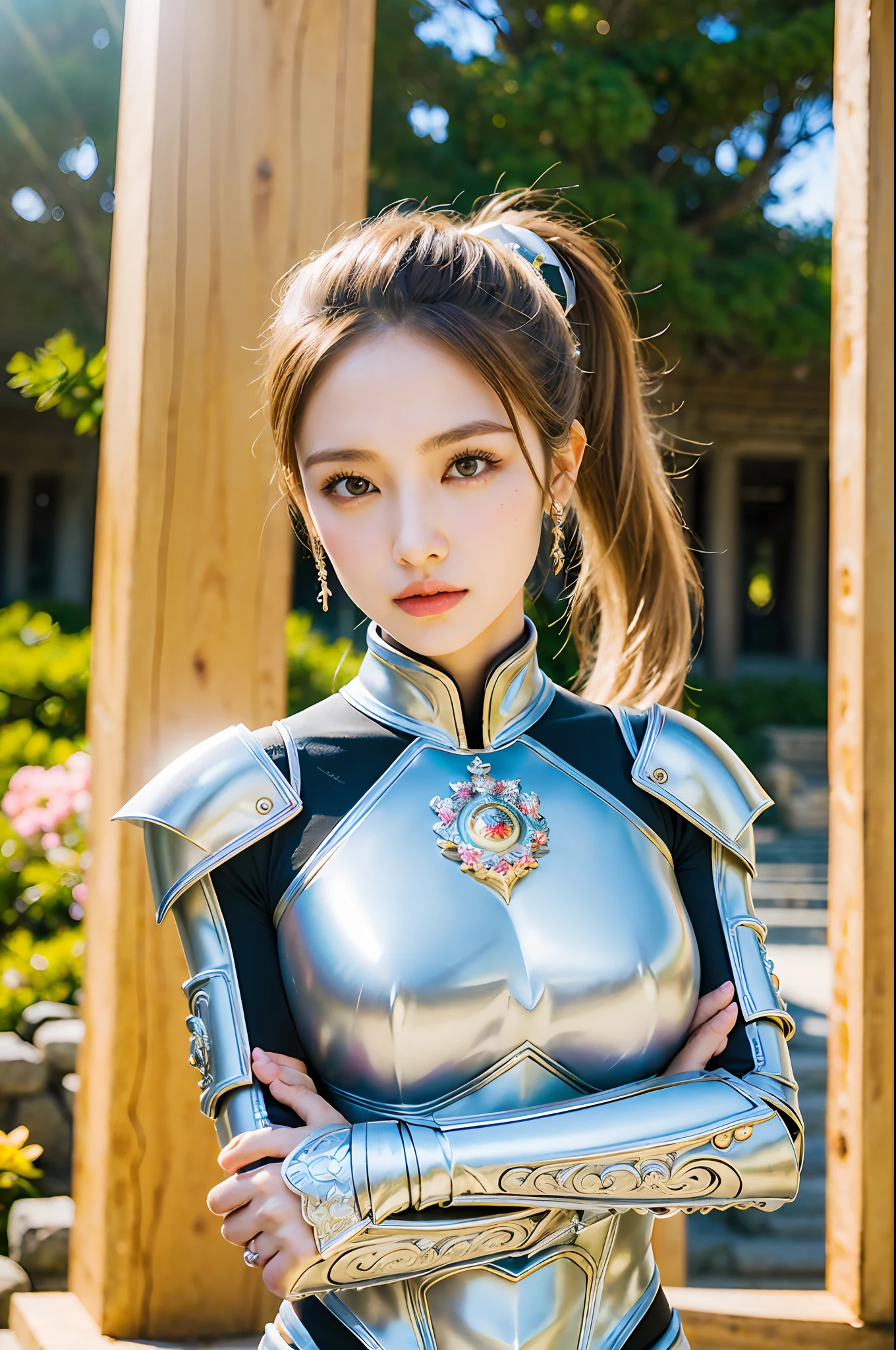 (8K, best quality:1.2), (masterpiece:1.37), (photo, photorealistic:1.37), (ultrahigh-res), half body, walking pose, shot from front, slow motion, female paladin wearing the full body, (light silver armour:1.2),(ornately decorated armor), (insanely detailed, bloom:1.5), (highest quality, Alessandro Casagrande, Greg Rutkowski, Sally Mann, concept art, 4k), (analog:1.2), (high sharpness), (detailed pupils:1.1), detailed face and eyes, Masterpiece, best quality, (highly detailed photo:1.1), (long blonde Hair, ponytail,ecstatic:1.1), (young woman:1.1), sharp, (perfect body:1.1), realistic, real shadow, 3d, (temple background:1.2), arms crossed over the chest 
photographed by Canan EOS R6, 135mm, 1/1250s, f/2.8, ISO 400