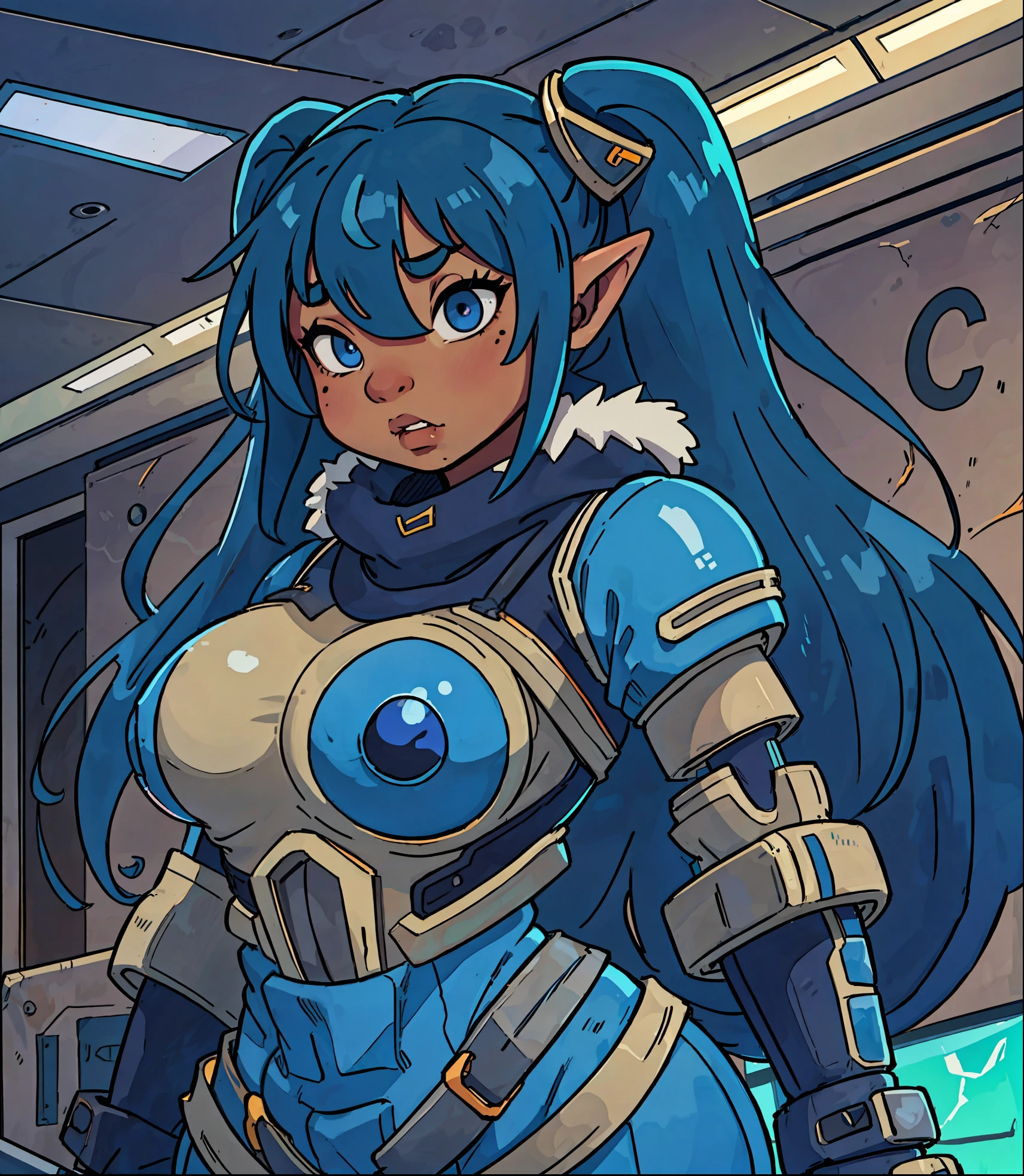 goblin, goblin girl, blue hair, very long hair, dark_ skin, dark skin goblin, wide body, very dark skin girl, small stature, very chubby, cute goblin, huge breast, very large breast, hair between eyes, twintails, chubby, chubby girl, chubby girl goblin, wide hips, blue eyes, mole, mole on chest, age up, lips, big lips, thick eyebrows, body with fur, short girl, short goblin girl twintails, short girl, fat, battle suit, cyberpunk, full battle suit, mechanical armor