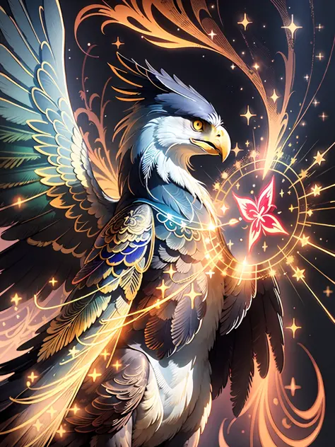 a painting of a colored eagle on a black background,, breathtaking rendering, within a radiant connection, inspired by Kinuko Y....
