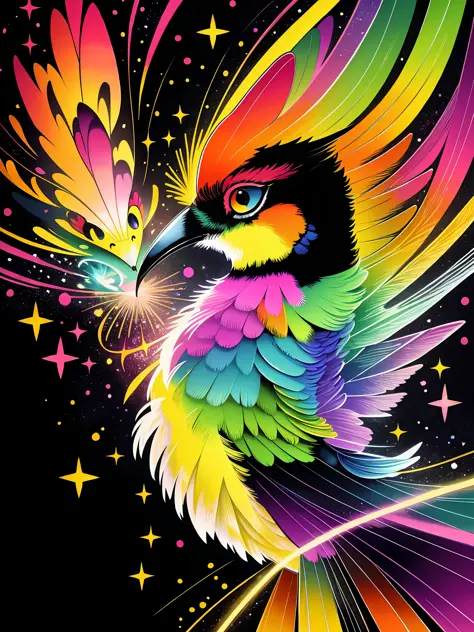a painting of a colorful Humming-bird on a black background, rendered breathtaking, in a radiant connection, inspired by Kinuko ...