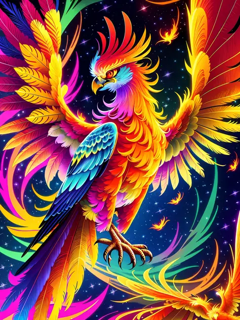 brightly colored bird of prey with bright feathers and a bright star, fiery bird, 4k detailed digital art, amoled wallpaper, 4k ...