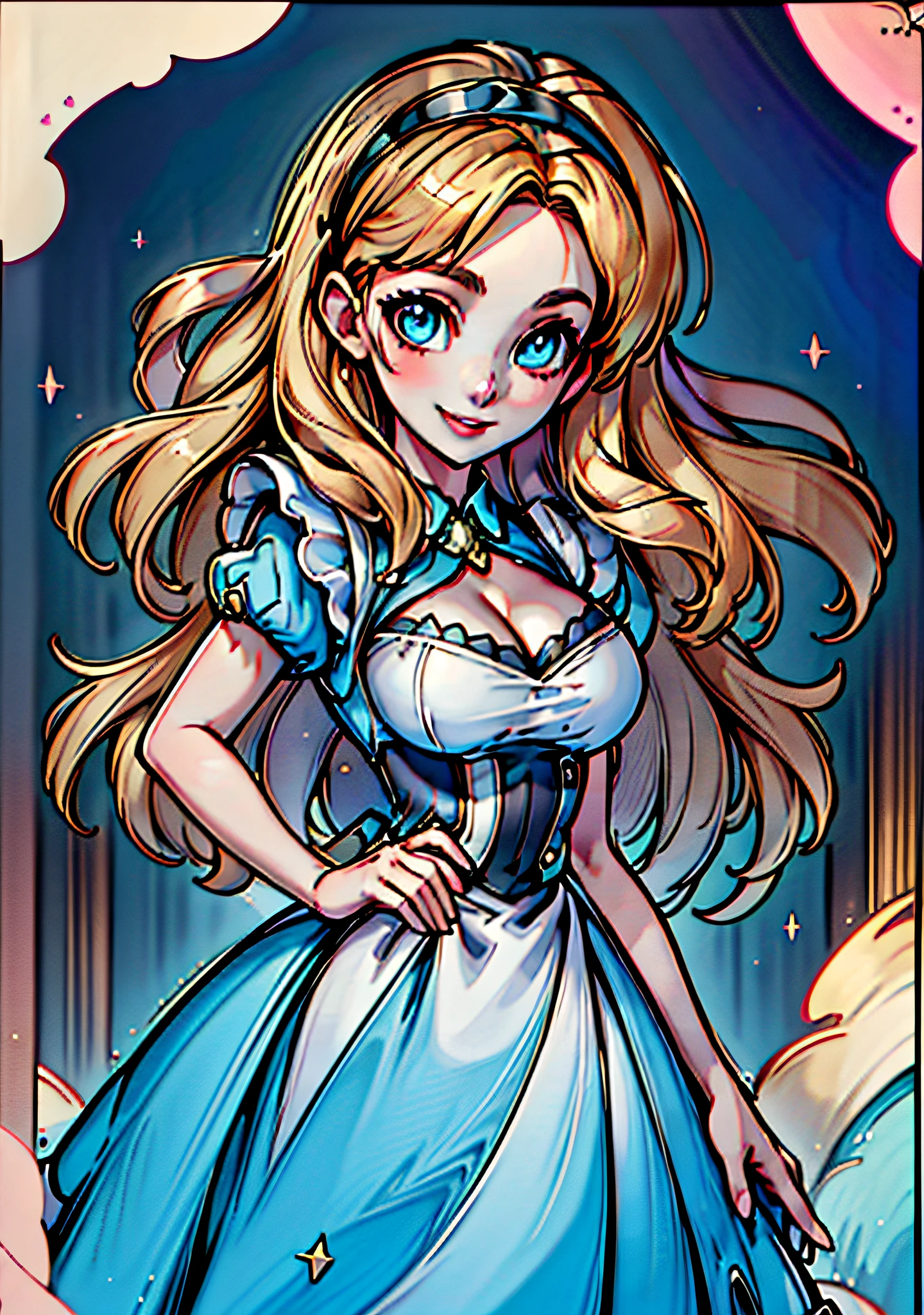 masterpiece:1.4), (best quality:1.4), (high resolution:1.4), alice liddell, blonde, blue dress, white apron, black hairband, smile, looking at viewer, giga-sized breasts, breast-expansion, deep cleavage, dress-ripping-apart, proportional eyes, (extremely detailed eyes), soft lighting, (detailed background), extreme detail background, sharp details, ((full body)), female ripped open front of dress to reveal breasts, flushed face, walking through magical forest, young-adult, older, aged-up, tarot card, trading card, character in focus, best graphics, best artwork, fine detail, normal hands with 5 fingers,