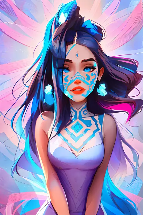 (symmetry:1.1) (portrait of floral:1.05) a woman as a beautiful goddess, (assassins creed style:0.8), blue and pink and opal col...