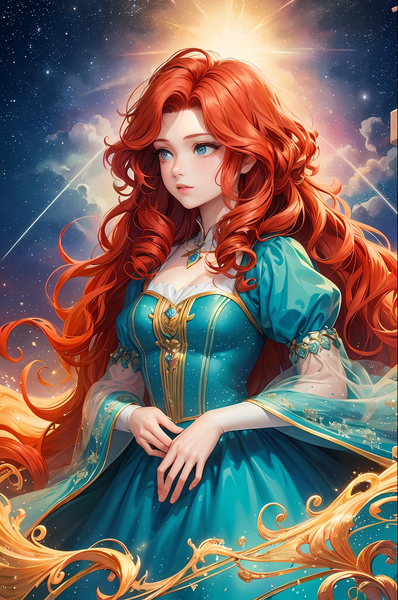 A woman with red hair and blue dress standing in front of a sky - SeaArt AI