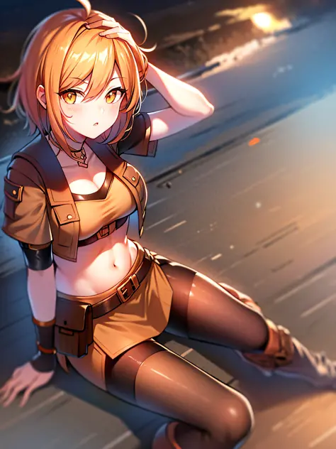 orange eyes light,richly faded light orange hair, anime 1girl, no  skirt, brown military boots, pouch on the waist belt, khaki b...