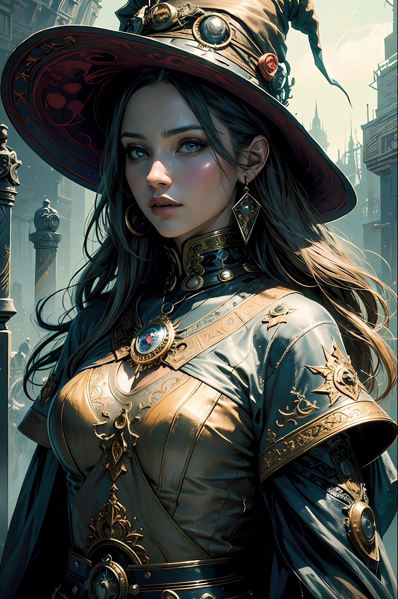 (masterpiece, top quality, best quality, official art, beautiful and aesthetic:1.2), (1girl), extreme detailed,colorful,highest detailed, witch in a dress with a hat dark fantasy style anime style dark souls WLOP artist dynamic light head and shoulders portrait, 8k resolution concept art portrait by Greg Rutkowski, Artgerm, WLOP, Alphonse Mucha, dynamic lighting, hyperdetailed, intricately detailed, Splash art, trending on Artstation,