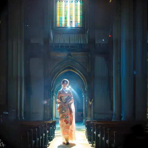 There is a beautiful teenage slender girl in a traditional kimono of Japan walking inside the dimly lit church of Notre Dame Cat...