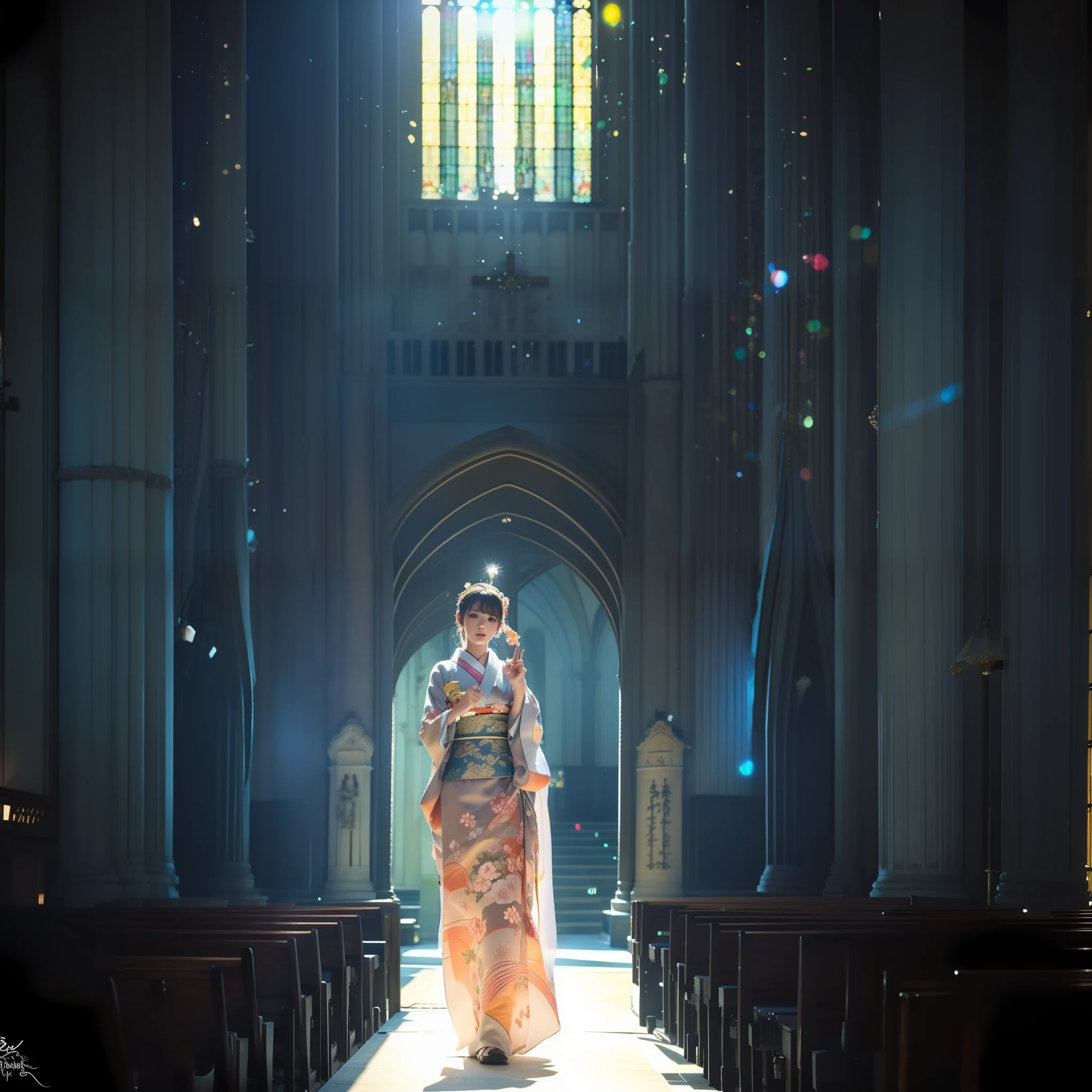 There is a beautiful teenage slender girl in a traditional kimono of Japan walking inside the dimly lit church of Notre Dame Cathedral. Her feet shine reflecting the light from above. Her kimono shines beautifully in the light from above. The kimono is traditional yet colorful, with a refined thin fabric, soft. Small breasts, Best quality, Realistic, Photorealistic, Best quality, Masterpiece, Very delicate and beautiful, Very detailed, Fine detail, Ultra detail, High resolution, Very detailed, Realistic, Ultra high definition, Best quality, Ultra high definition, High quality textures