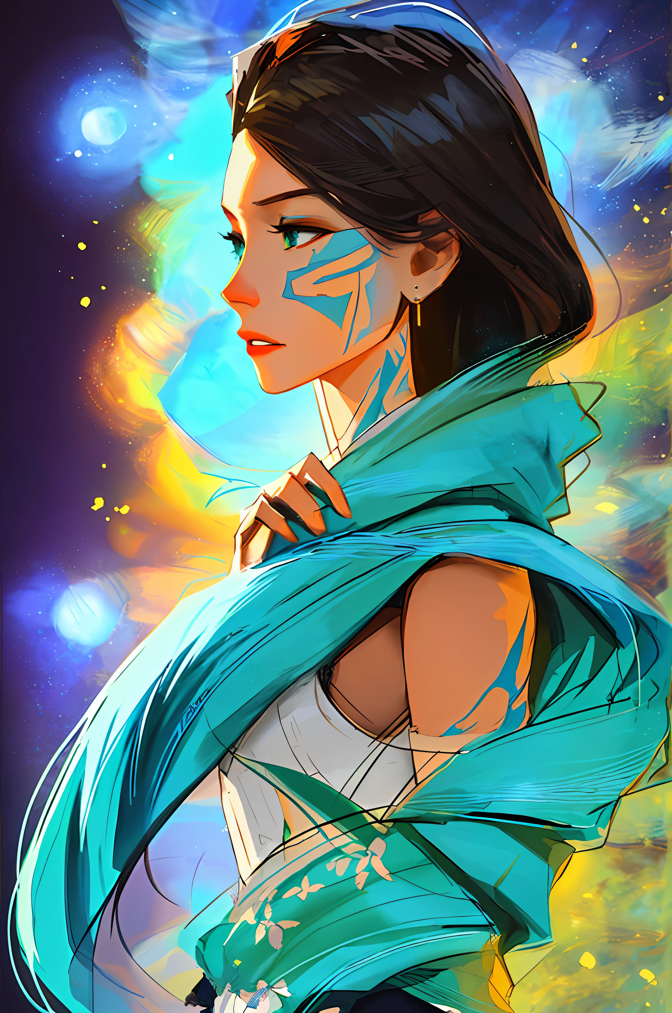 (symmetry: 1.1) (Floral Portrait: 1.05) A Woman as a Beautiful Sorceress, (Assassin's Creed style: 0.8), Teal and Black and Opal color scheme, beautiful and intricate Filegrid face painting, intricate, elegant, highly detailed, digital painting, art station, concept art, smooth, sharp focus, illustration, art by Greg Rutkowski and Alphonse Mucha, 8K