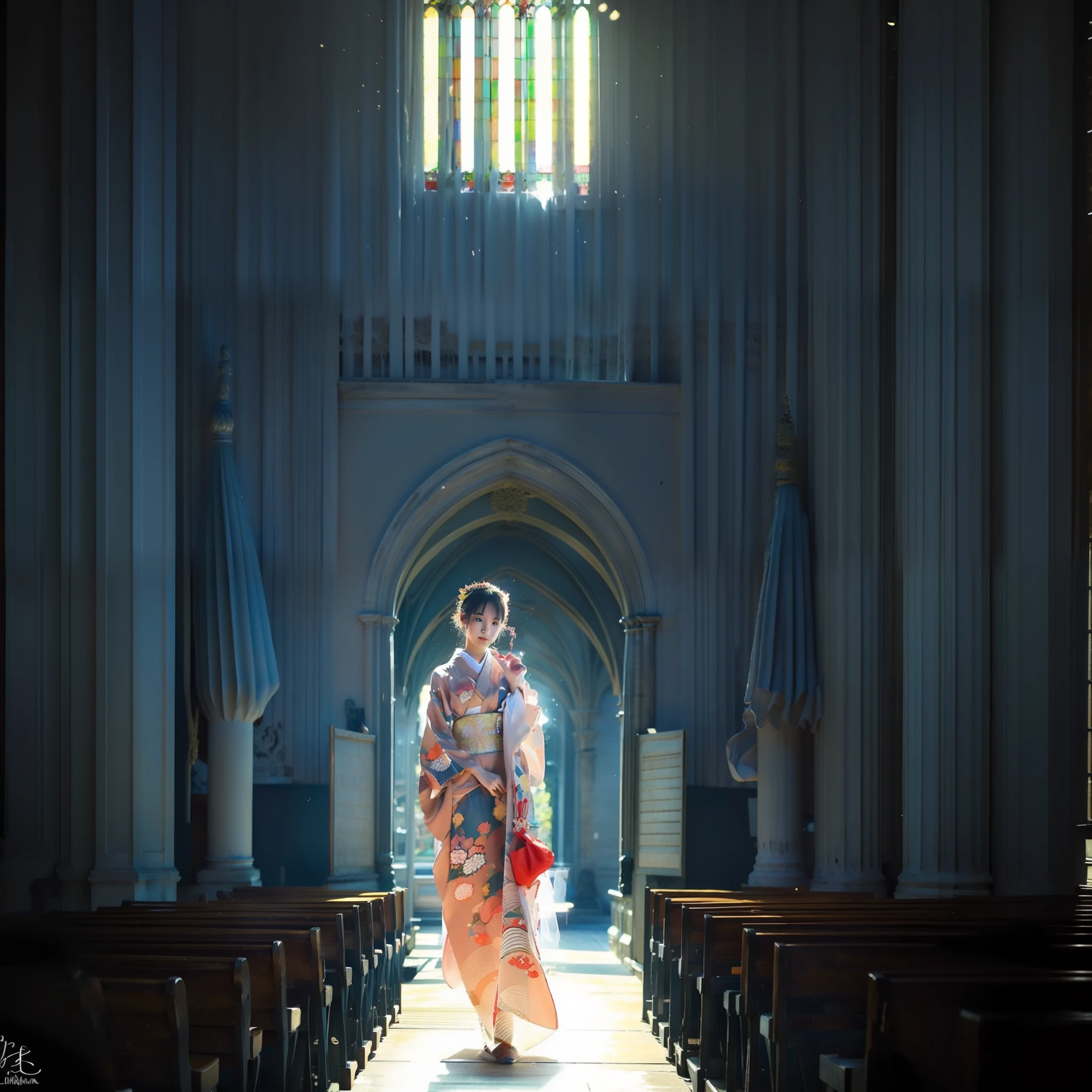 There is a beautiful teenage slender girl in a traditional kimono of Japan walking inside the dimly lit church of Notre Dame Cathedral. Her feet shine reflecting the light from above. Her kimono shines beautifully in the light from above. The kimono is traditional yet colorful, with a refined thin fabric, soft. Small breasts, Best quality, Realistic, Photorealistic, Best quality, Masterpiece, Very delicate and beautiful, Very detailed, Fine detail, Ultra detail, High resolution, Very detailed, Realistic, Ultra high definition, Best quality, Ultra high definition, High quality textures