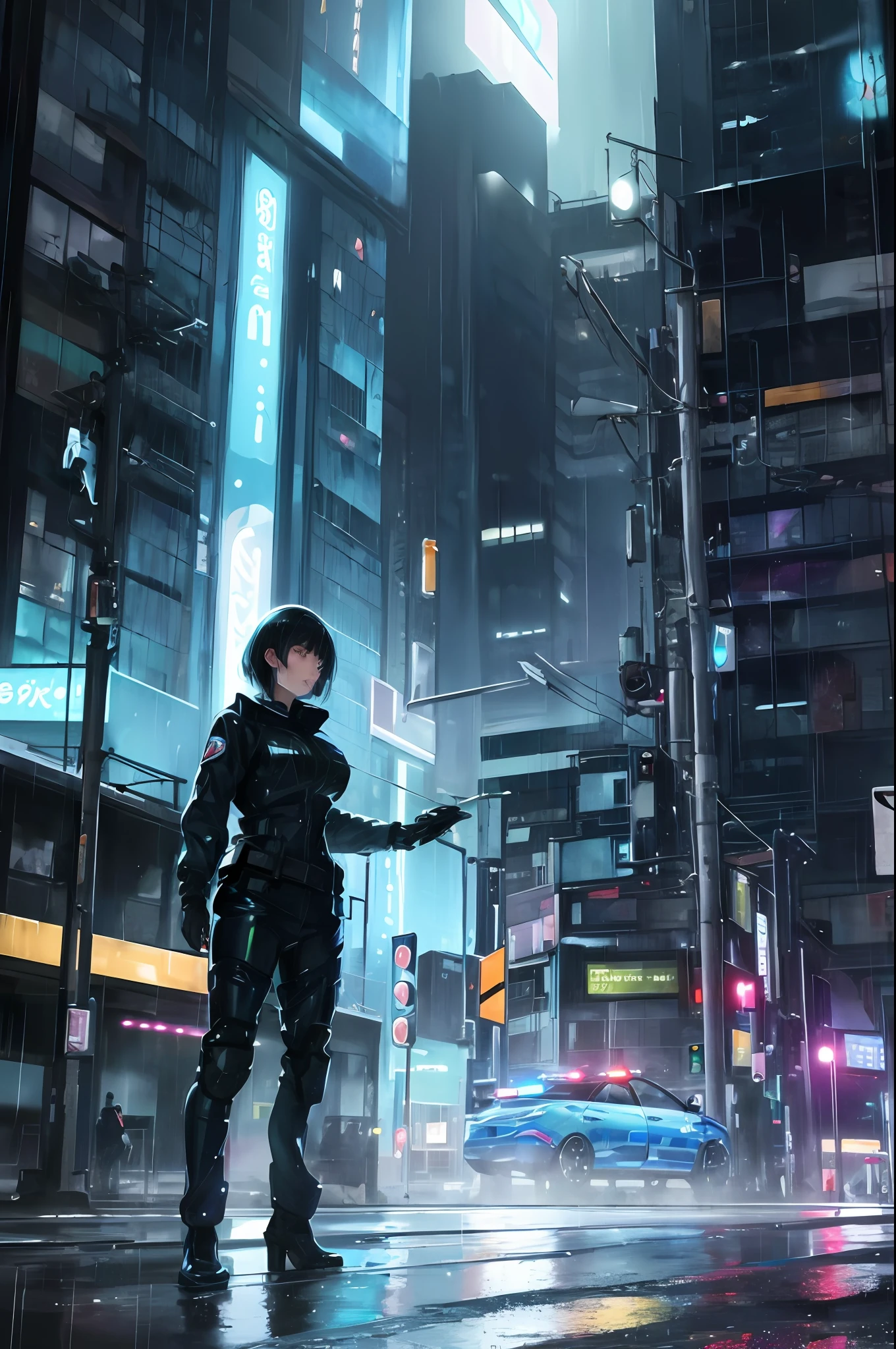 Cyber city with a man holding a gun in the rain - SeaArt AI