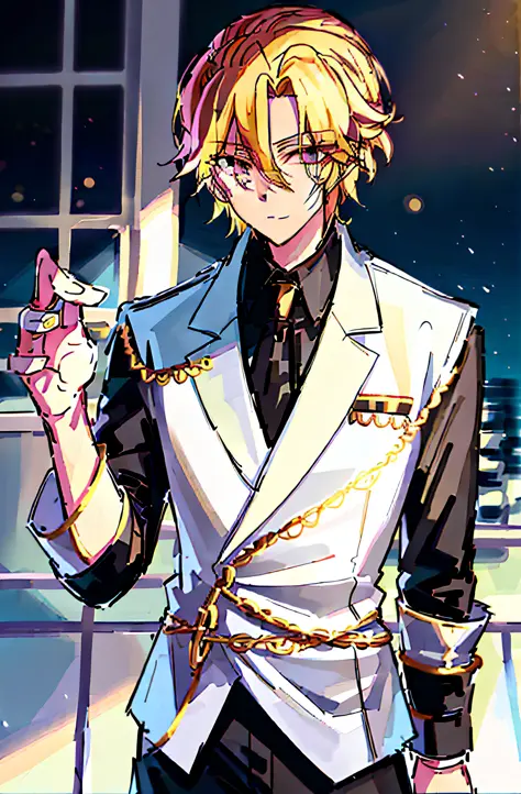 anime character dressed in a white suit and black tie, tall anime face with golden eyes, cute anime pose, magical blonde prince ...