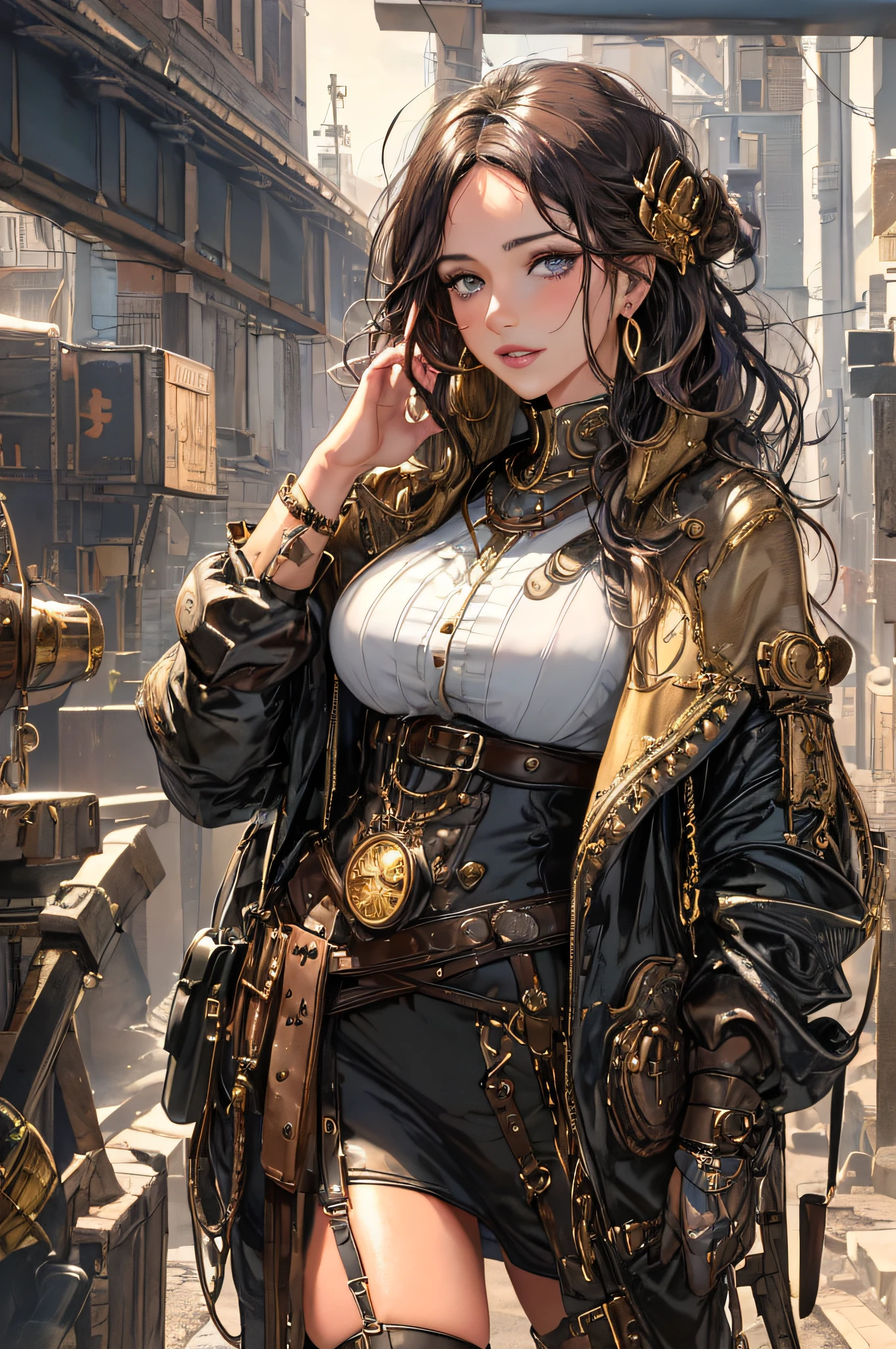 (1girl:1.3), looking at viewer, (steampunk suggestive clothes, Maven, Average Height, Toned, Round Face, Olive Skin, Brunette Hair, Blue Eyes, Wide Nose, Full Lips, Receding Chin, Long Hair, Straight Hair, Wavy Updo, soft sagging breasts, Threader earrings, golden, matte lipstick,steampunk metropolis),(masterpiece, best quality, detailed shiny skin:1.2), flawless, 8k, RAW, highres,absurdres,
