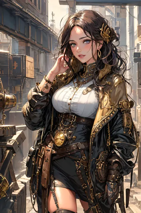 (1girl:1.3), looking at viewer, (steampunk suggestive clothes, Maven, Average Height, Toned, Round Face, Olive Skin, Brunette Ha...