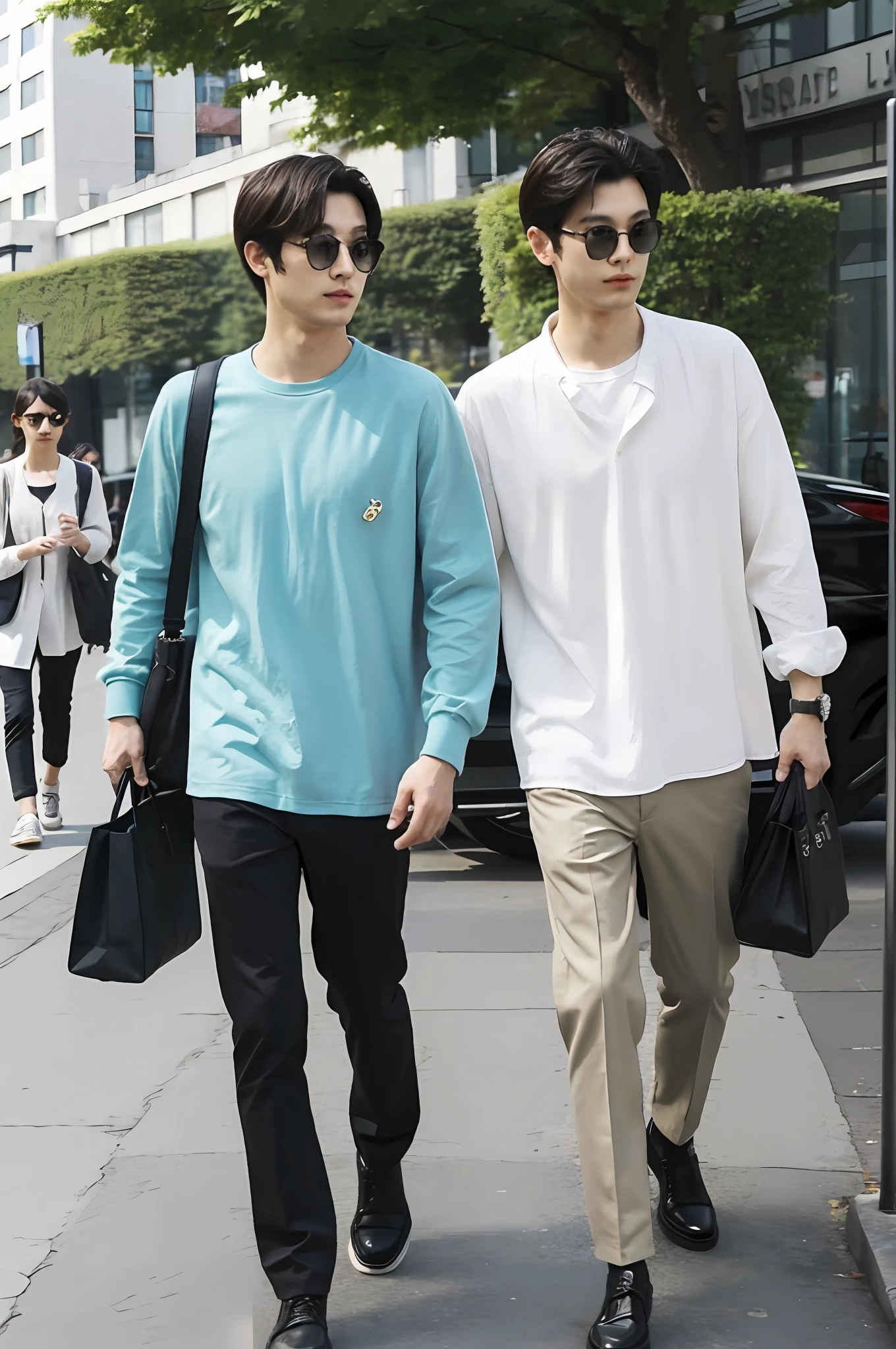 Two men walking with bags in hand, street, paparazzi footage, sunny weather
