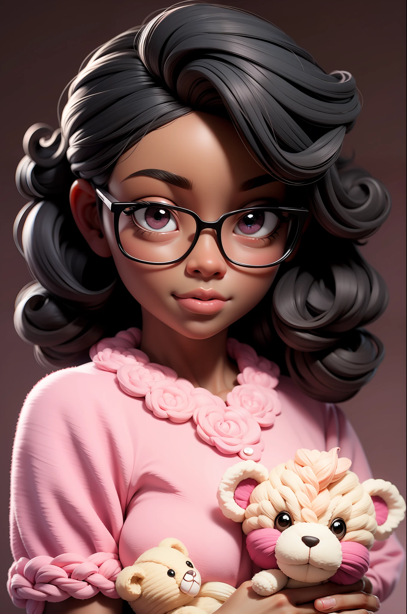 masterpiece, best quality, 3d rending work, 3DMM style, close-up, portrait, 3d, 1girl, solo, looking forward, wearing prescription glasses, sweet expression, happy, holding an amigurumi teddy bear, black skin, medium size type 3C hair, pink pastel colors, realistic, upper body, simple background, looking away, separated lips, curly hair