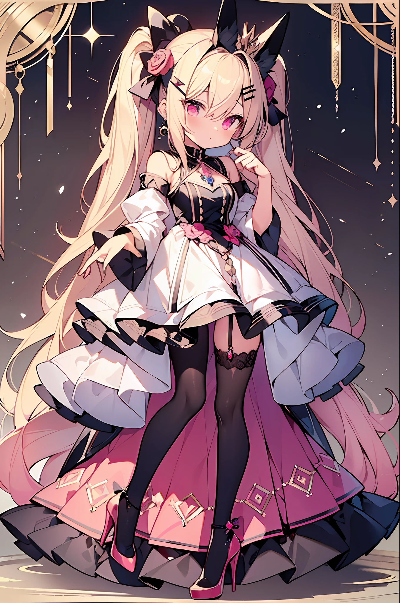 ((masterpiece, best quality)), a maiden, standing full body main view blonde hair, double ponytail, pink eyes, bangs between the eyes fox ears, black white and rose red clothing, clothing style: dress, hair ornaments are bows, crystal pendants, high heels, white stockings