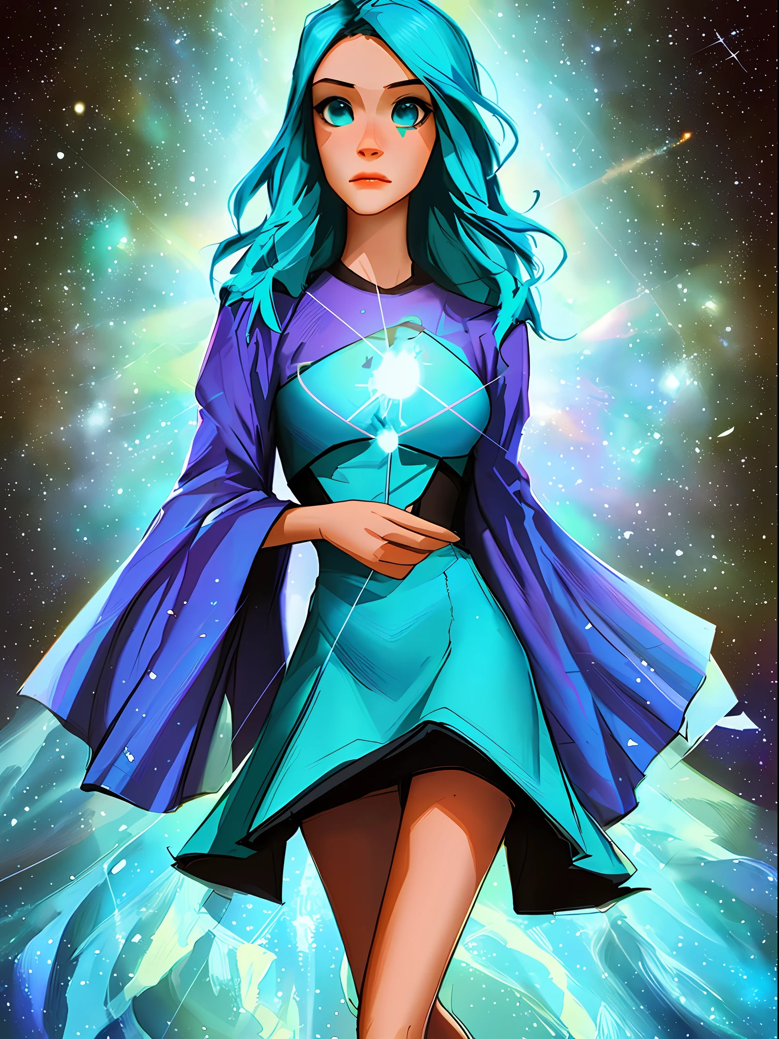 (symmetry:1.1) a girl, teal short dress armor, rainbow colored hair, cosmic nebula background, beautiful intricate filegrid facepaint, intricate, elegant, highly detailed, digital painting, artstation, concept art, smooth, sharp focus, illustration, art by greg rutkowski and alphonse mucha, 8k