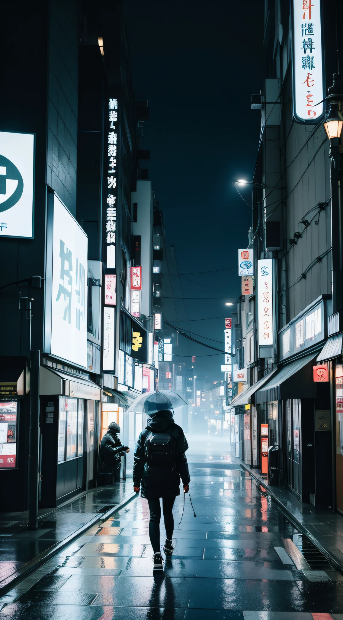 amazing girl look for the camera, wearing a pvc transparent cover, worm view, night, misty, rain, there is a person walking up a set of wide avenue in a city, streets of Tokyo, street of Tokyo, in Tokyo, city like Tokyo, walking over a tiny city, cyberpunk, artwork of a Tokyo street, man walking through city, style by Anthony Presley, Deviantart