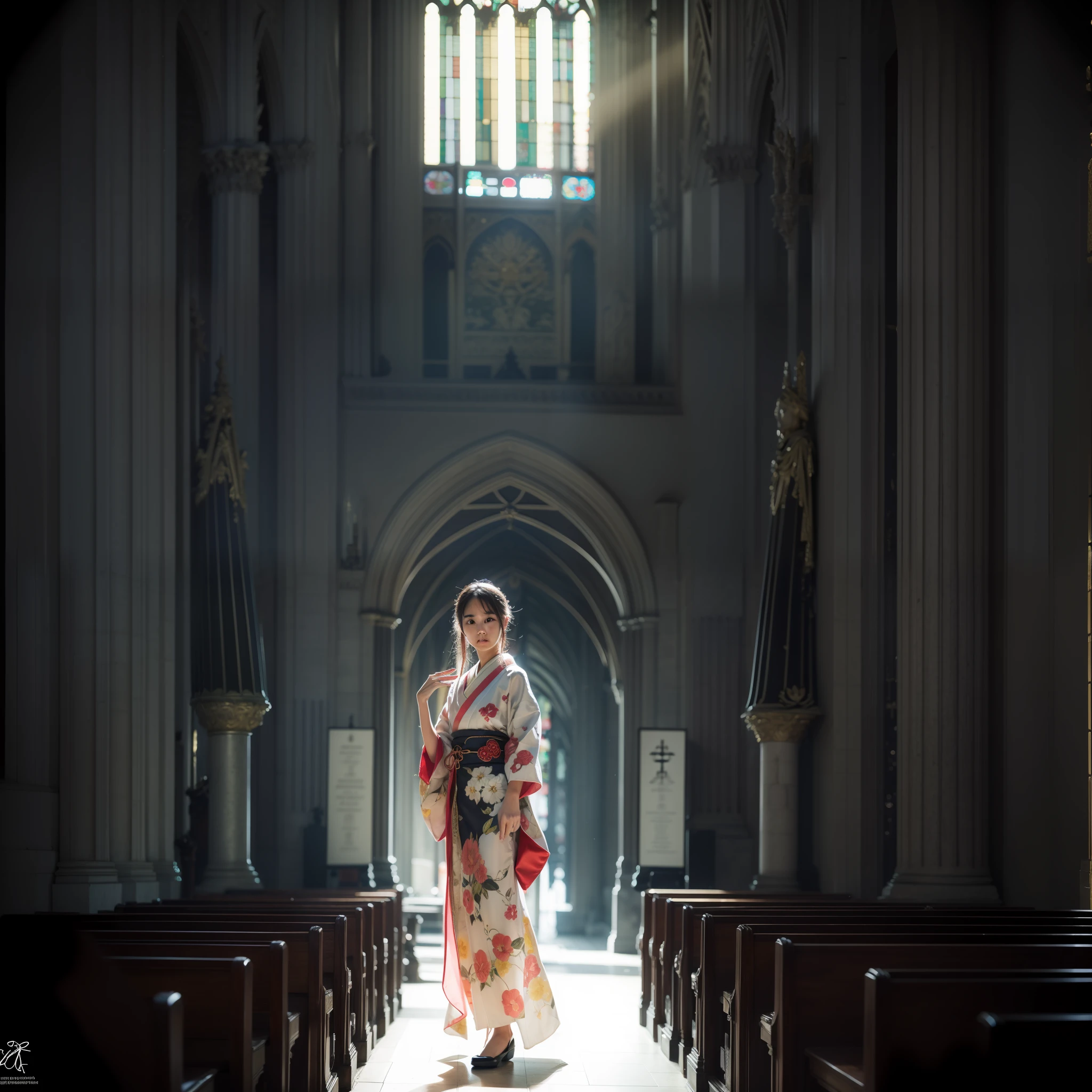 There is a beautiful teenage slender girl in a traditional kimono of Japan walking inside the dimly lit church of Notre Dame Cathedral in Paris rendered in so detail. The floor beneath her feet shines beautifully reflecting the afternoon light. Her kimono shines beautifully in the afternoon light shining through the church's skylight. The kimono is traditional yet colorful, with a refined thin fabric, soft. Small breasts, Best quality, Realistic, Photorealistic, Best quality, Masterpiece, Very delicate and beautiful, Very detailed, Fine detail, Ultra detail, High resolution, Very detailed, Realistic, Ultra high definition, Best quality, Ultra high definition, High quality textures