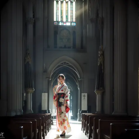 There is a beautiful teenage slender girl in a traditional kimono of Japan walking inside the dimly lit church of Notre Dame Cat...