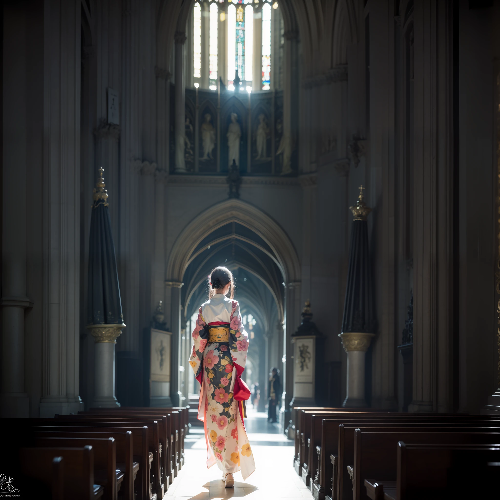 There is a beautiful teenage slender girl in a traditional kimono of Japan walking inside the dimly lit church of Notre Dame Cathedral in Paris rendered in so detail. The floor beneath her feet shines beautifully reflecting the afternoon light. Her kimono shines beautifully in the afternoon light shining through the church's skylight. The kimono is traditional yet colorful, with a refined thin fabric, soft. Small breasts, Best quality, Realistic, Photorealistic, Best quality, Masterpiece, Very delicate and beautiful, Very detailed, Fine detail, Ultra detail, High resolution, Very detailed, Realistic, Ultra high definition, Best quality, Ultra high definition, High quality textures