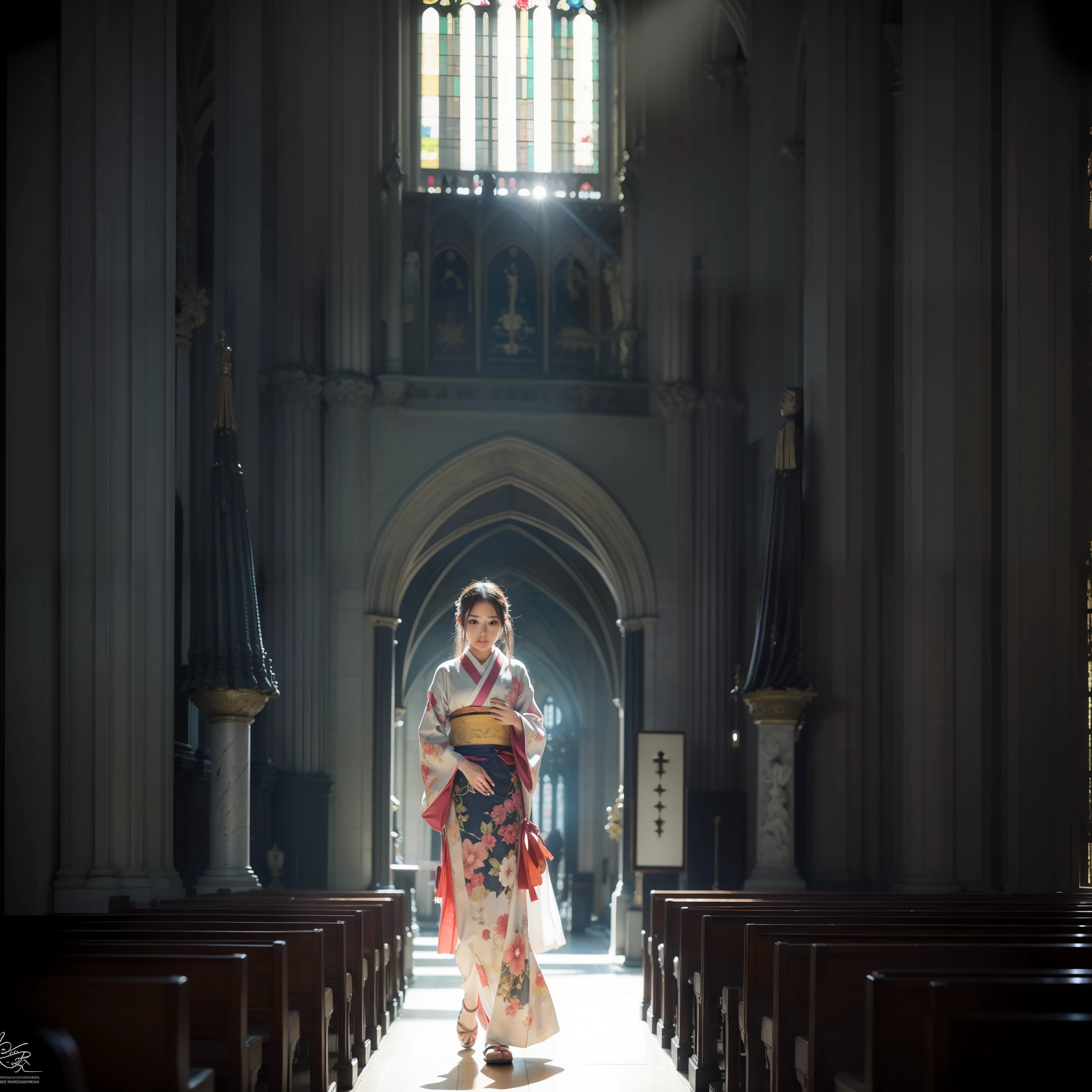 There is a beautiful teenage slender girl in a traditional kimono of Japan walking inside the dimly lit church of Notre Dame Cathedral in Paris rendered in so detail. The floor beneath her feet shines beautifully reflecting the afternoon light. Her kimono shines beautifully in the afternoon light shining through the church's skylight. The kimono is traditional yet colorful, with a refined thin fabric, soft. Small breasts, Best quality, Realistic, Photorealistic, Best quality, Masterpiece, Very delicate and beautiful, Very detailed, Fine detail, Ultra detail, High resolution, Very detailed, Realistic, Ultra high definition, Best quality, Ultra high definition, High quality textures