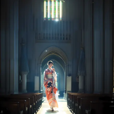 There is a beautiful teenage slender girl in a traditional kimono of Japan walking inside the dimly lit church of realistic Notr...