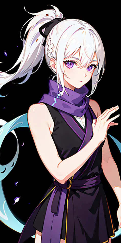upper body, 1girl, white hair, ponytail, purple eyes, (ninja), short sword, medium breats ,scarf, wallpaper, magic circle background, light particles, blue fire,