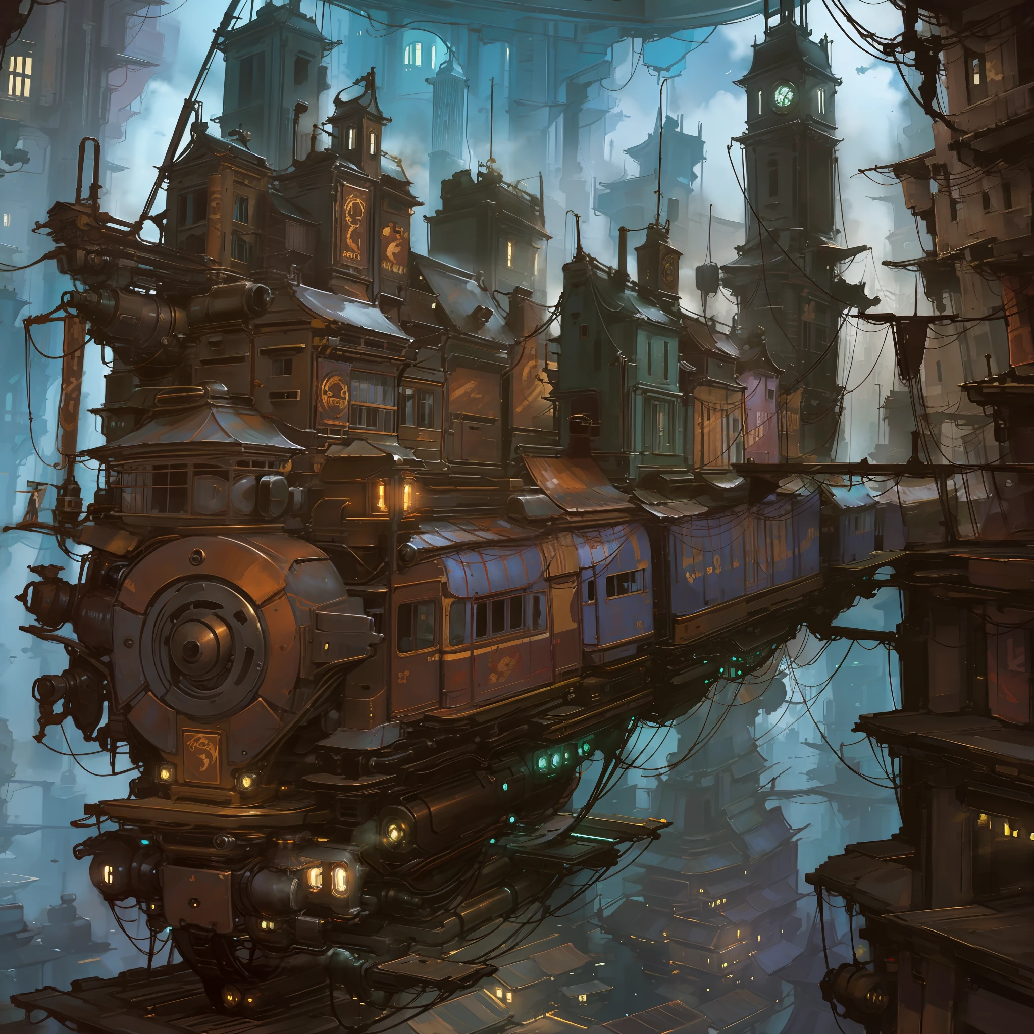 steampunk, ciudad, oscuro, noche, tren a vapor, bien detallado, Obra maestra, calidad, muchos detalles