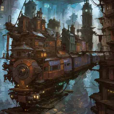 Steampunk, City, Obscure, night, steam train, well detailed, masterpiece, quality, many details