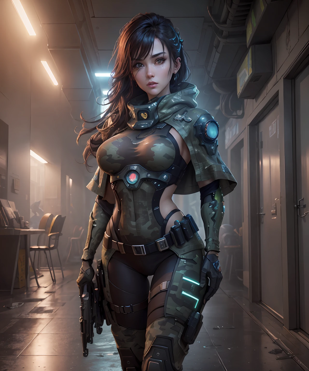 ((Best quality)), ((masterpiece)), (highly detailed:1.3), 3D, beautiful (cyberpunk:1.2) special forces, robort,female with thick voluminous hair wearing (wearing camouflage_uniform:1.1), body armour,cape,digital (camouflage:1.3),HDR (High Dynamic Range),Ray Tracing,NVIDIA RTX,Super-Resolution,Unreal 5,Subsurface scattering,PBR Texturing,Post-processing,Anisotropic Filtering,Depth-of-field,Maximum clarity and sharpness,Multi-layered textures,Albedo and Specular maps,Surface shading,Accurate simulation of light-material interaction,Perfect proportions,Octane Render,Two-tone lighting,Wide aperture,Low ISO,White balance,Rule of thirds,8K RAW,Efficient Sub-Pixel,sub-pixel convolution,