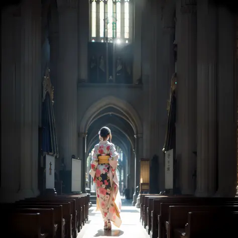 There is a beautiful teenage slender girl in a traditional kimono of Japan walking inside the dark church of Notre Dame Cathedra...