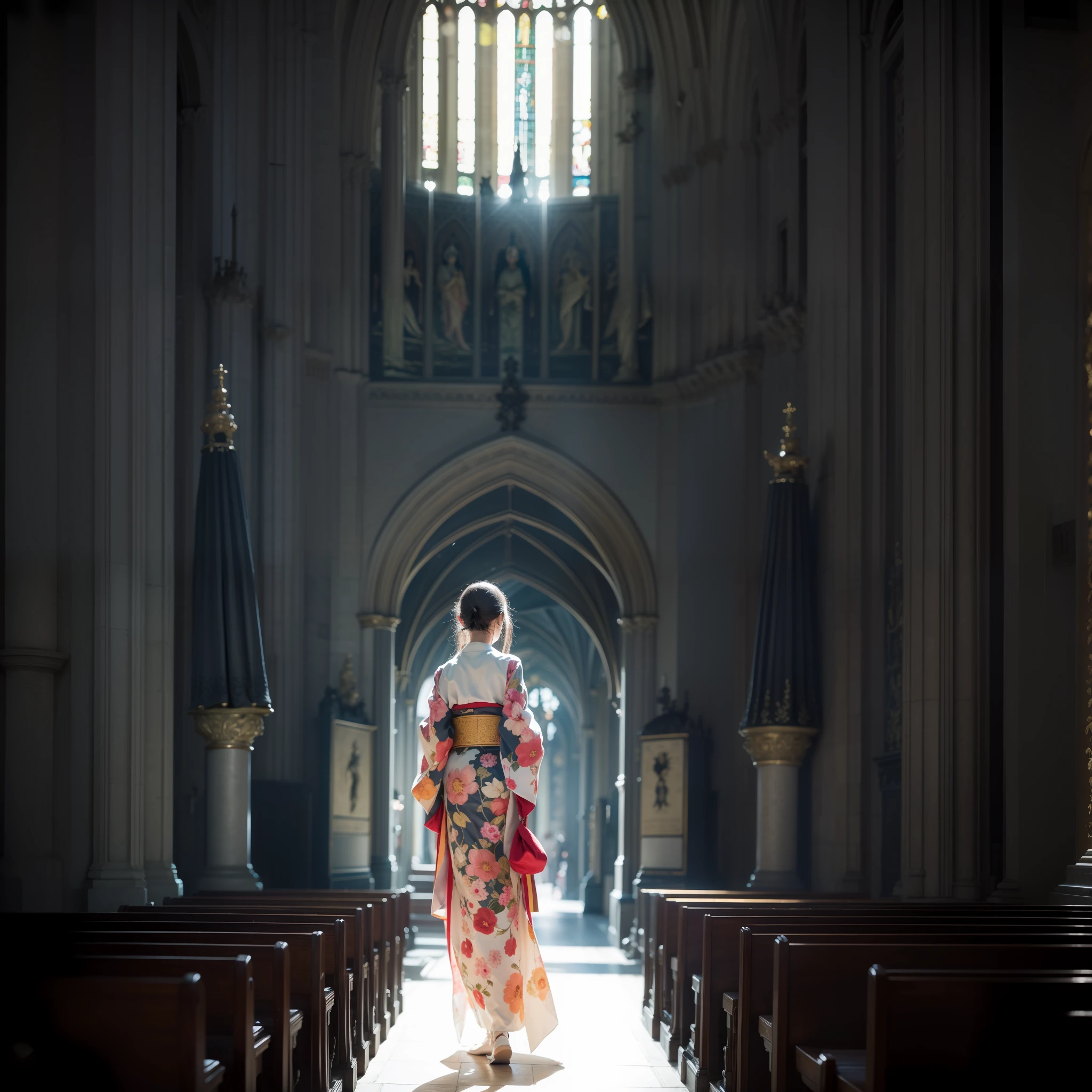 There is a beautiful teenage slender girl in a traditional kimono of Japan walking inside the dimly lit church of Notre Dame Cathedral in Paris rendered in so detail. The floor beneath her feet shines beautifully reflecting the afternoon light. Her kimono shines beautifully in the afternoon light shining through the church's skylight. The kimono is traditional yet colorful, with a refined thin fabric, soft. Small breasts, Best quality, Realistic, Photorealistic, Best quality, Masterpiece, Very delicate and beautiful, Very detailed, Fine detail, Ultra detail, High resolution, Very detailed, Realistic, Ultra high definition, Best quality, Ultra high definition, High quality textures