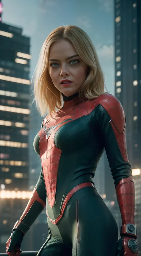 1girl, (((solo))), Emma Stone dressed in Spiderman uniform ((((complex details, absurd, futuristic, textured))). Medium blonde hair. Detail green eyes. Highly detailed face, slightly pink cheeks, mascara in the eyes, red lipstick in the mouth, proud facial...