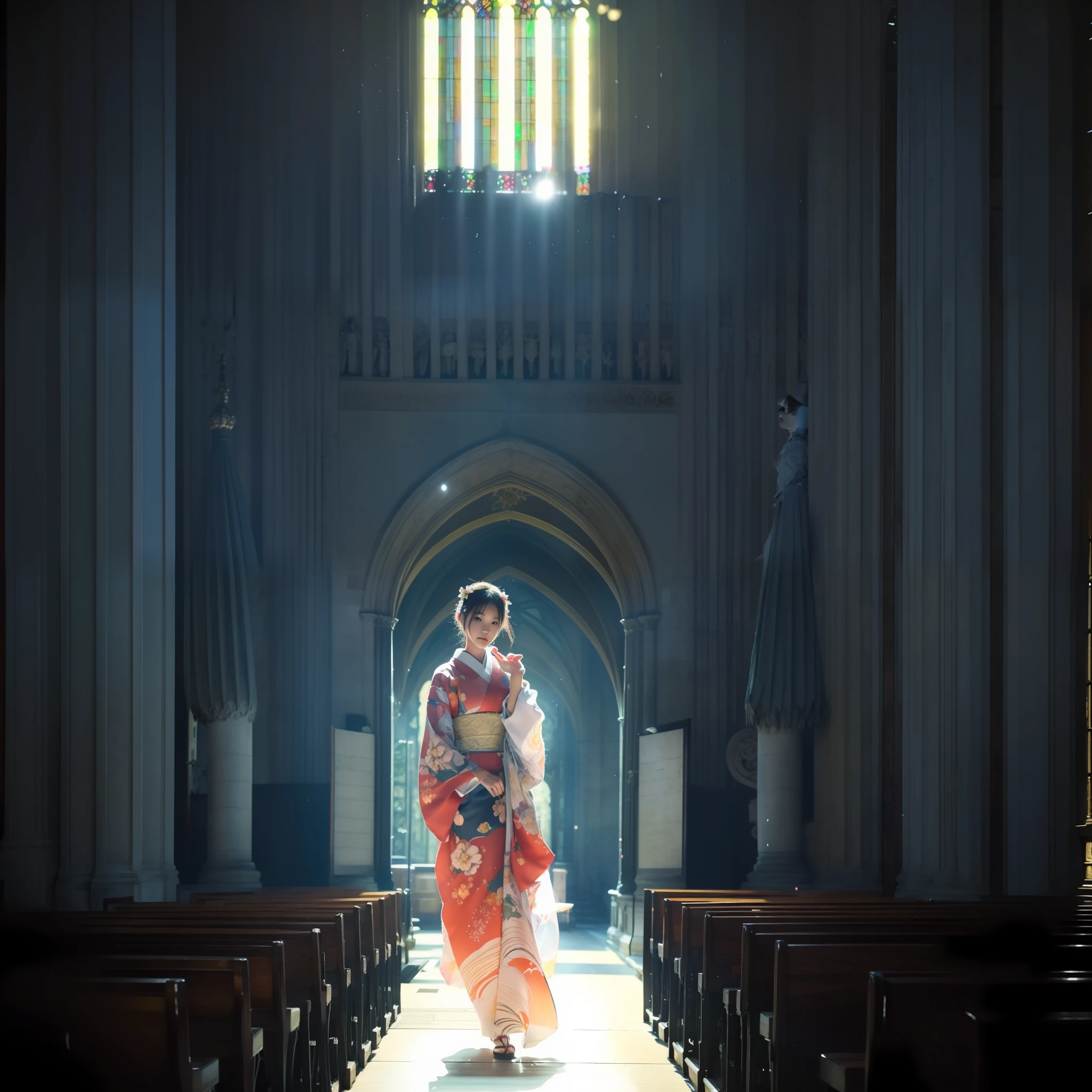 There is a beautiful teenage slender girl in a traditional kimono of Japan walking inside the dark church of Notre Dame Cathedral in Paris rendered in so detail. The floor beneath her feet shines beautifully reflecting the afternoon light. Her kimono shines beautifully in the afternoon light shining through the church's skylight. The kimono is traditional yet colorful, with a refined thin fabric, soft. Small breasts, Best quality, Realistic, Photorealistic, Best quality, Masterpiece, Very delicate and beautiful, Very detailed, Fine detail, Ultra detail, High resolution, Very detailed, Realistic, Ultra high definition, Best quality, Ultra high definition, High quality textures, Chiaroscuro