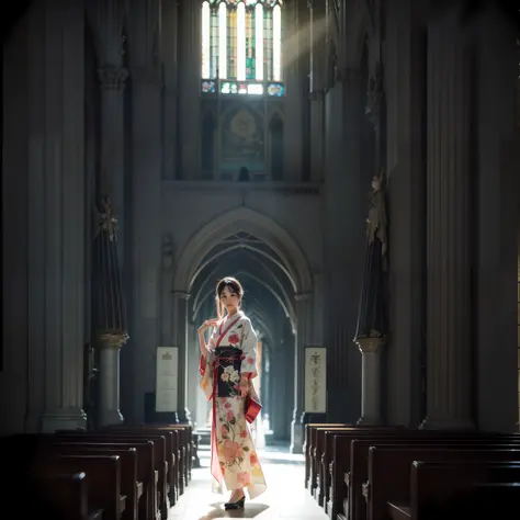 There is a beautiful teenage slender girl in a traditional kimono of Japan walking inside the dark church of Notre Dame Cathedra...