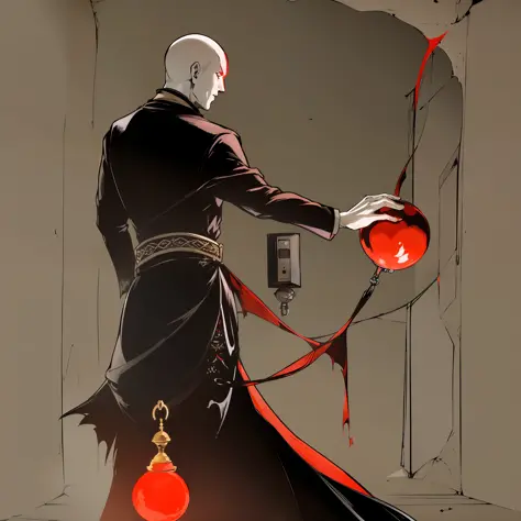 ((one man)), (black short hair), white hiccups, pale skin, black cloth robe, a sphere with red liquid in his hand, a large lock ...