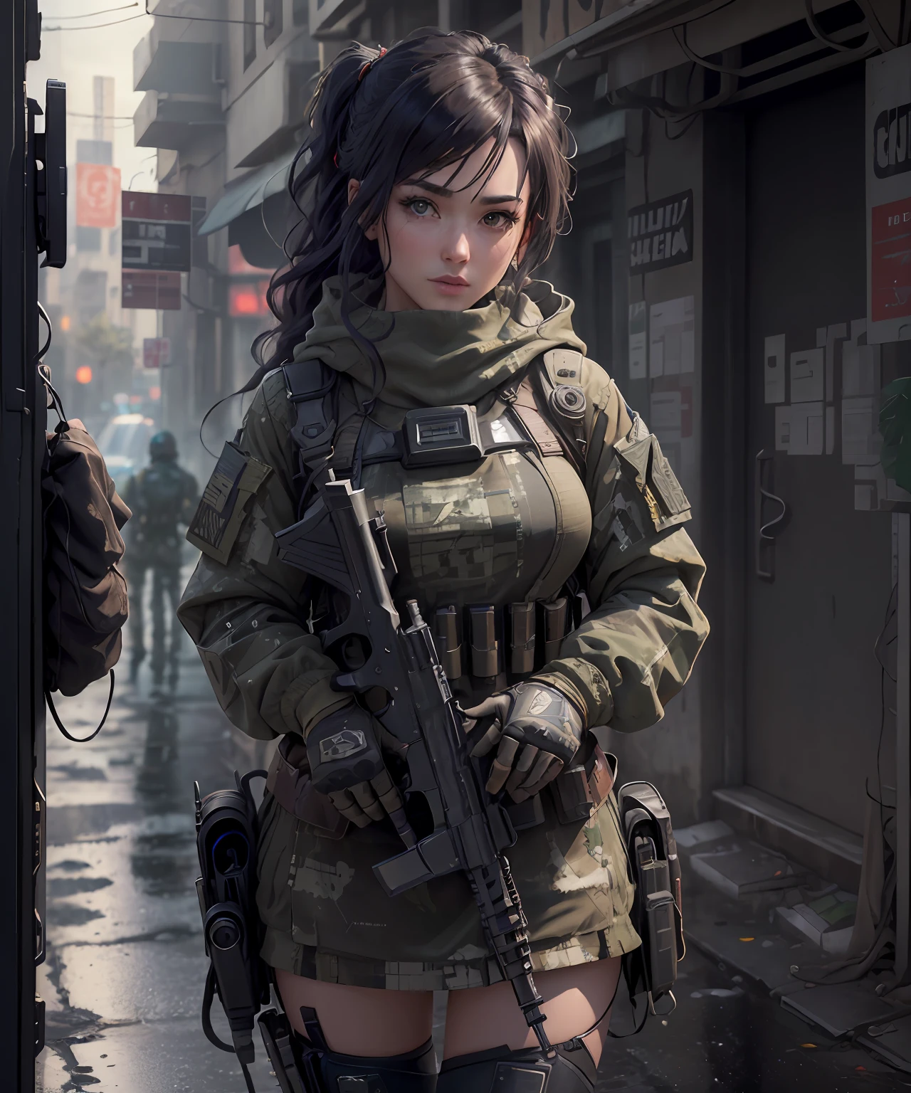 ((Best Quality)), ((Masterpiece)), (High Detail:1.3), 3D, machine gun in hand,beautiful (cyberpunk:1.2) special forces, robort, woman with thick voluminous hair in (in camouflage_uniform:1.1), bulletproof vest, raincoat, digital (camouflage: 1.3), HDR (High Dynamic Range), ray tracing, NVIDIA RTX, ultra-high resolution, Unreal 5, subsurface scattering, PBR texturing, post-processing, anisotropic filtering, depth of field, maximum clarity and sharpness, multi-layered textures, albedo and reflection maps, surface shading, accurate simulation of the interaction of light and material, ideal proportions, octane rendering, two-color lighting, wide aperture, low ISO, white balance, rule of thirds, 8K RAW, Effective subpixel, subpixel convolution,